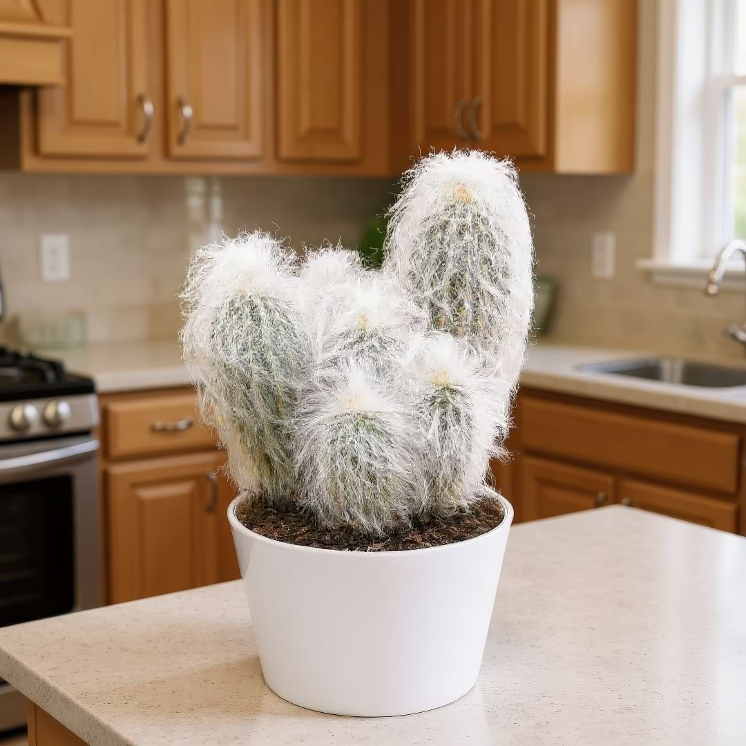 A multi-stemmed Old Man Cactus with dense white hair in a white pot on a kitchen counter.