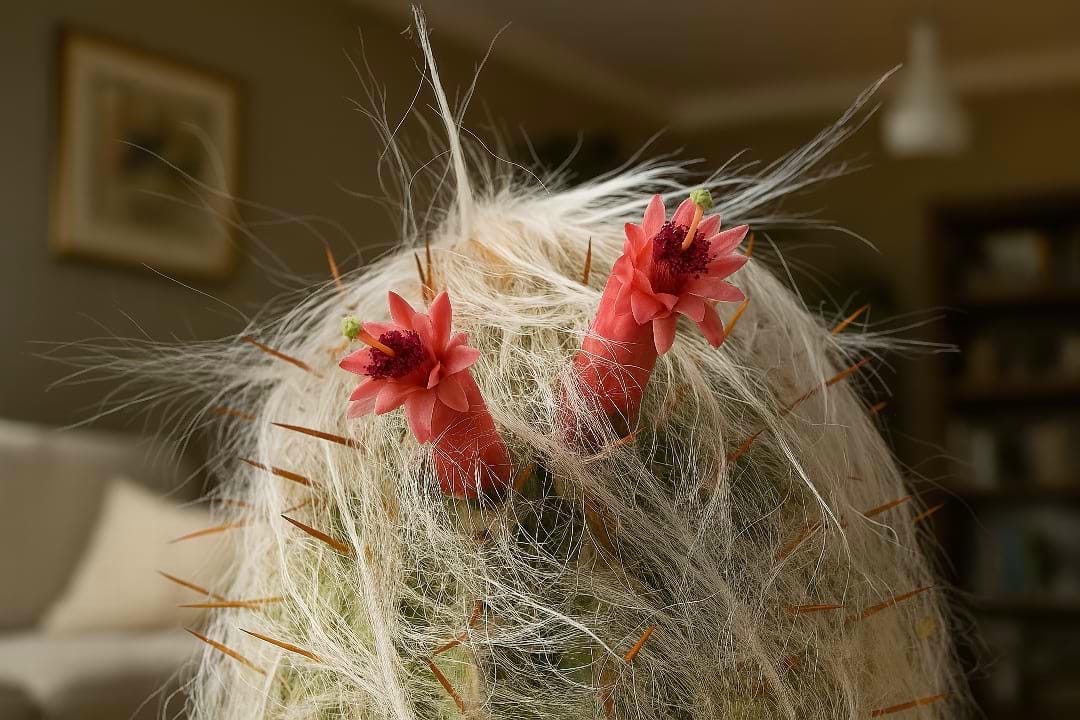 A close-up of two pinkish-red flowers emerging from the dense white hair of an Old Man Cactus.