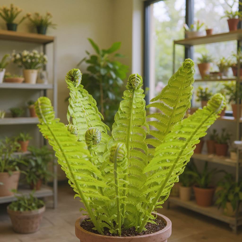 A potted Ostrich Fern with several bright green fronds unfurling in a plant shop setting.