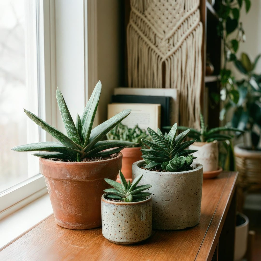 Beautifully arranged collection of different Gasteria varieties on a windowsill with complementary pots