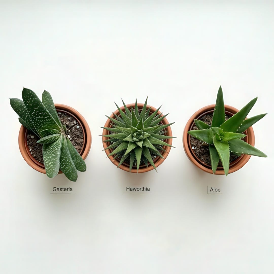 Comparison of Gasteria, Haworthia, and Aloe succulents showing the differences in leaf shape and texture