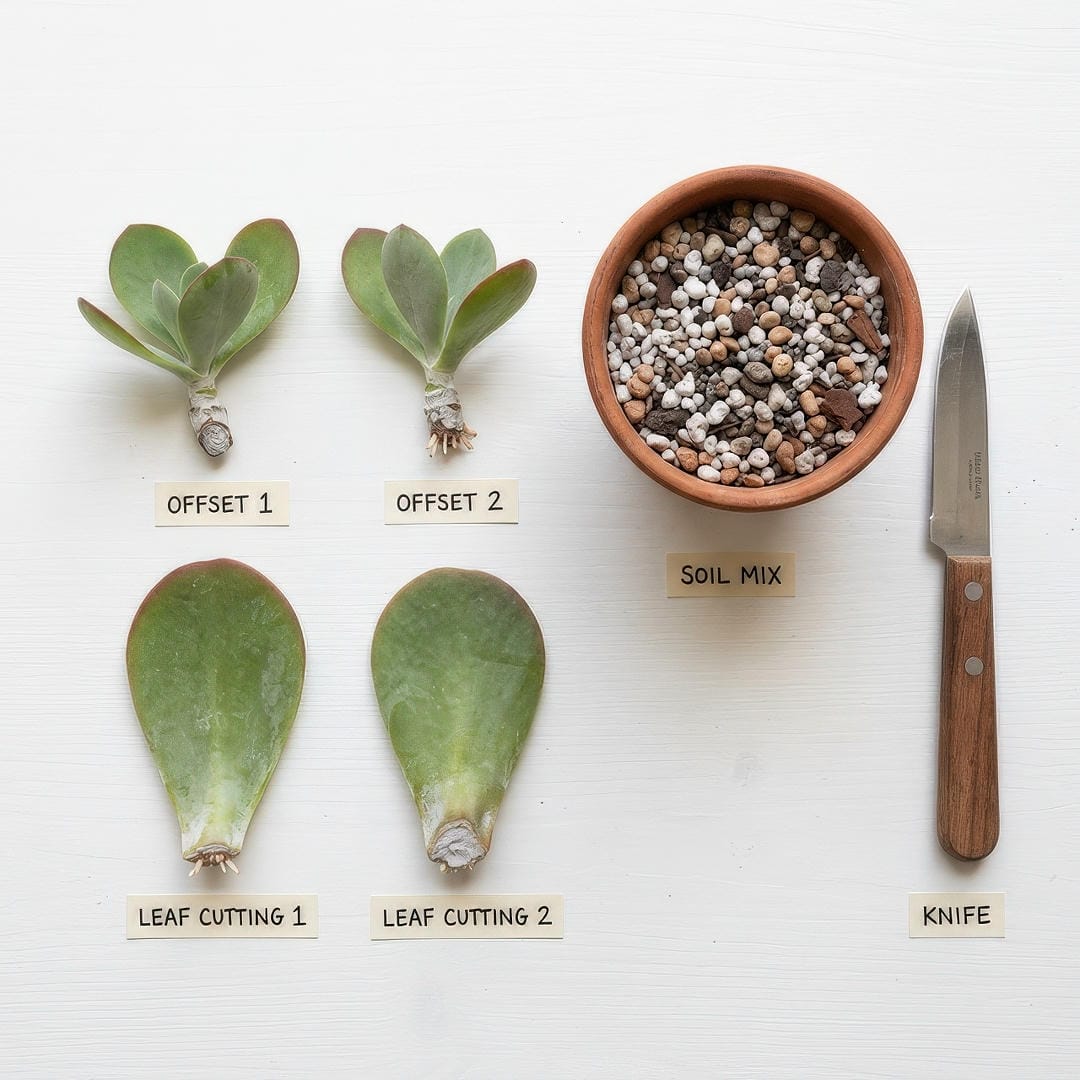 Paddle Plant offsets and leaf cuttings laid out on a clean surface next to a small terracotta pot filled with gritty succulent soil showing calloused cut ends on the offsets and leaves with some showing early root nubs
