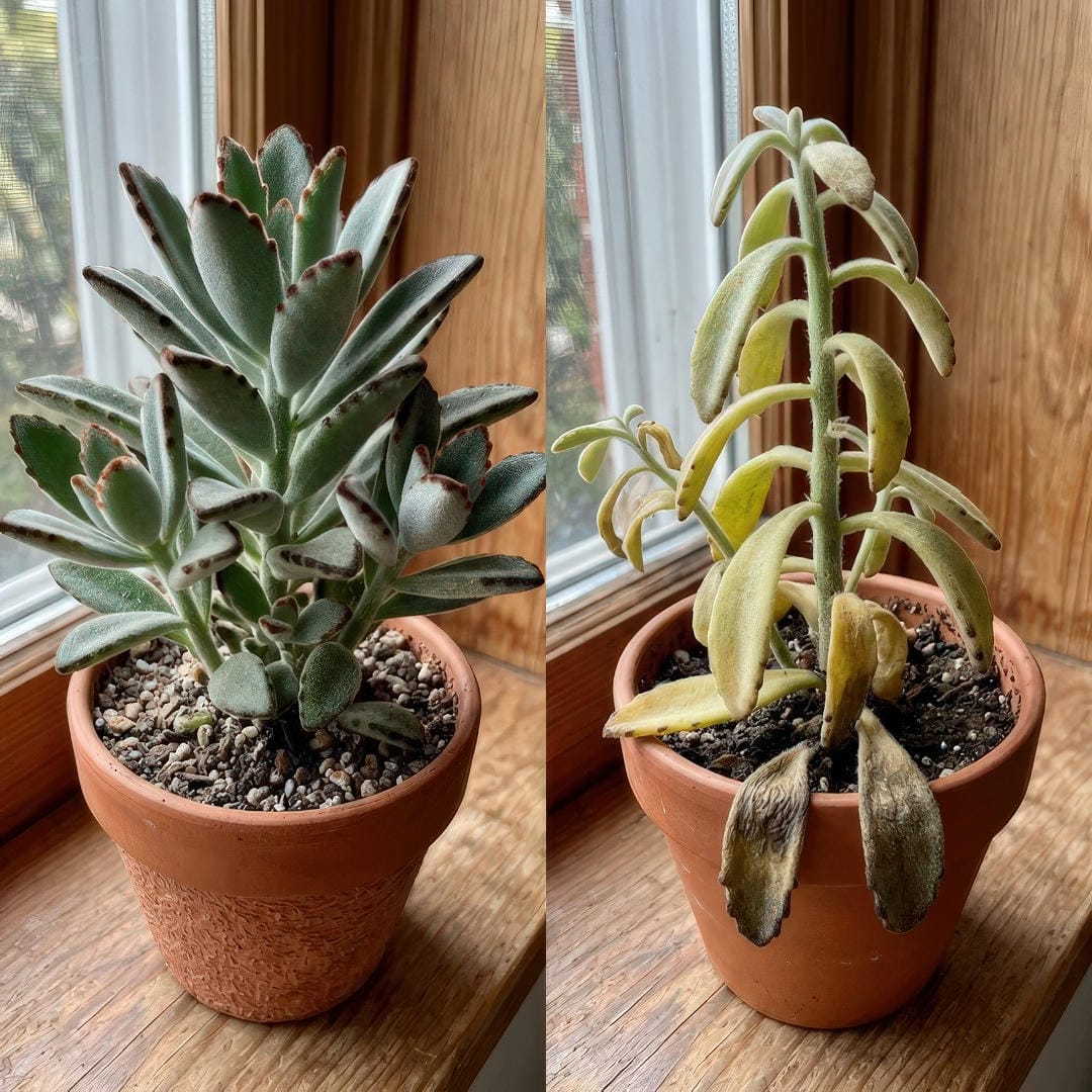 Split comparison image showing a healthy Panda Plant with plump fuzzy silvery-green leaves and dark chocolate-brown edges on the left side and a stressed plant with yellowing droopy leaves and stretched leggy stems on the right side