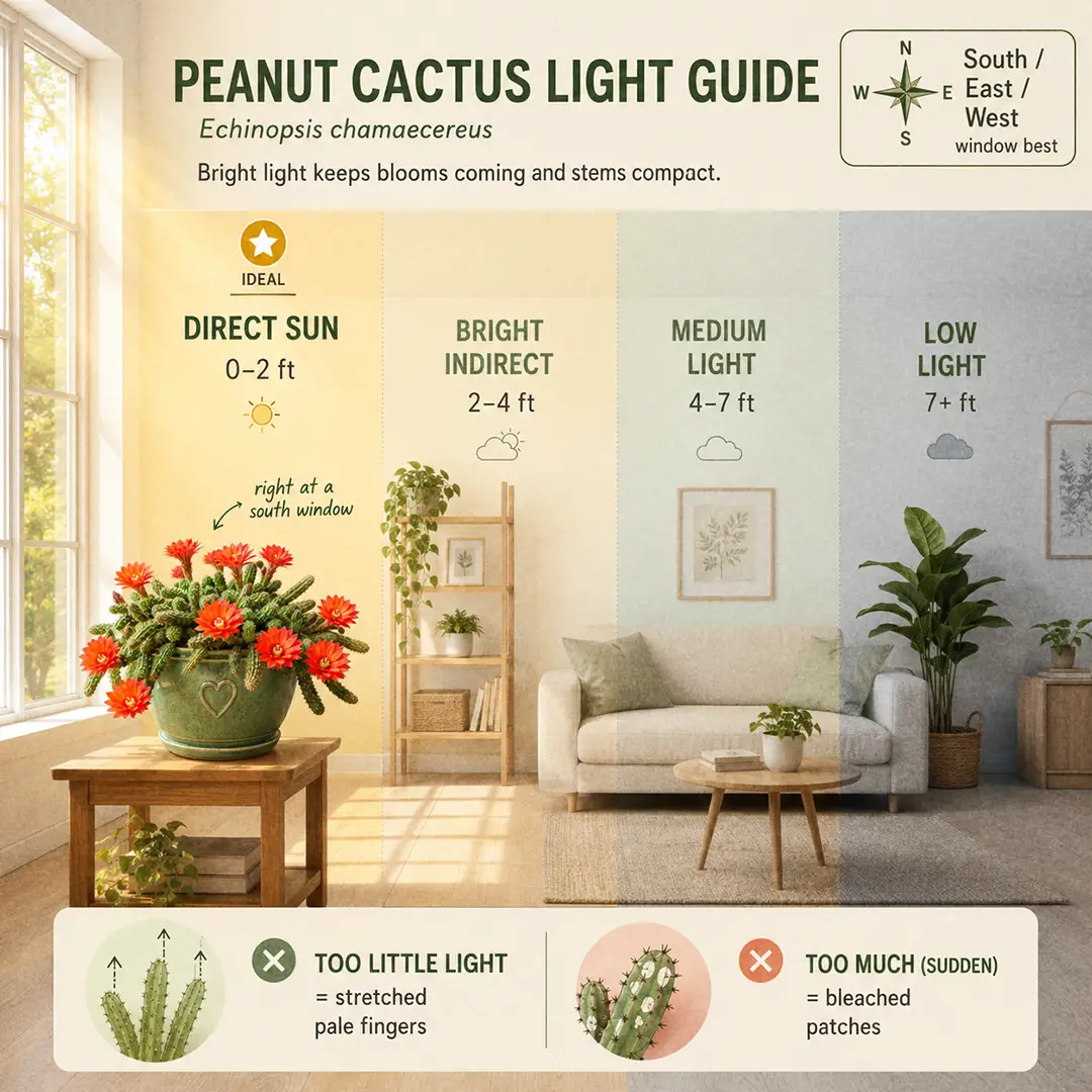 A labeled light guide diagram showing where to place a Peanut Cactus indoors relative to a sunny window, with direct sun and bright zones marked