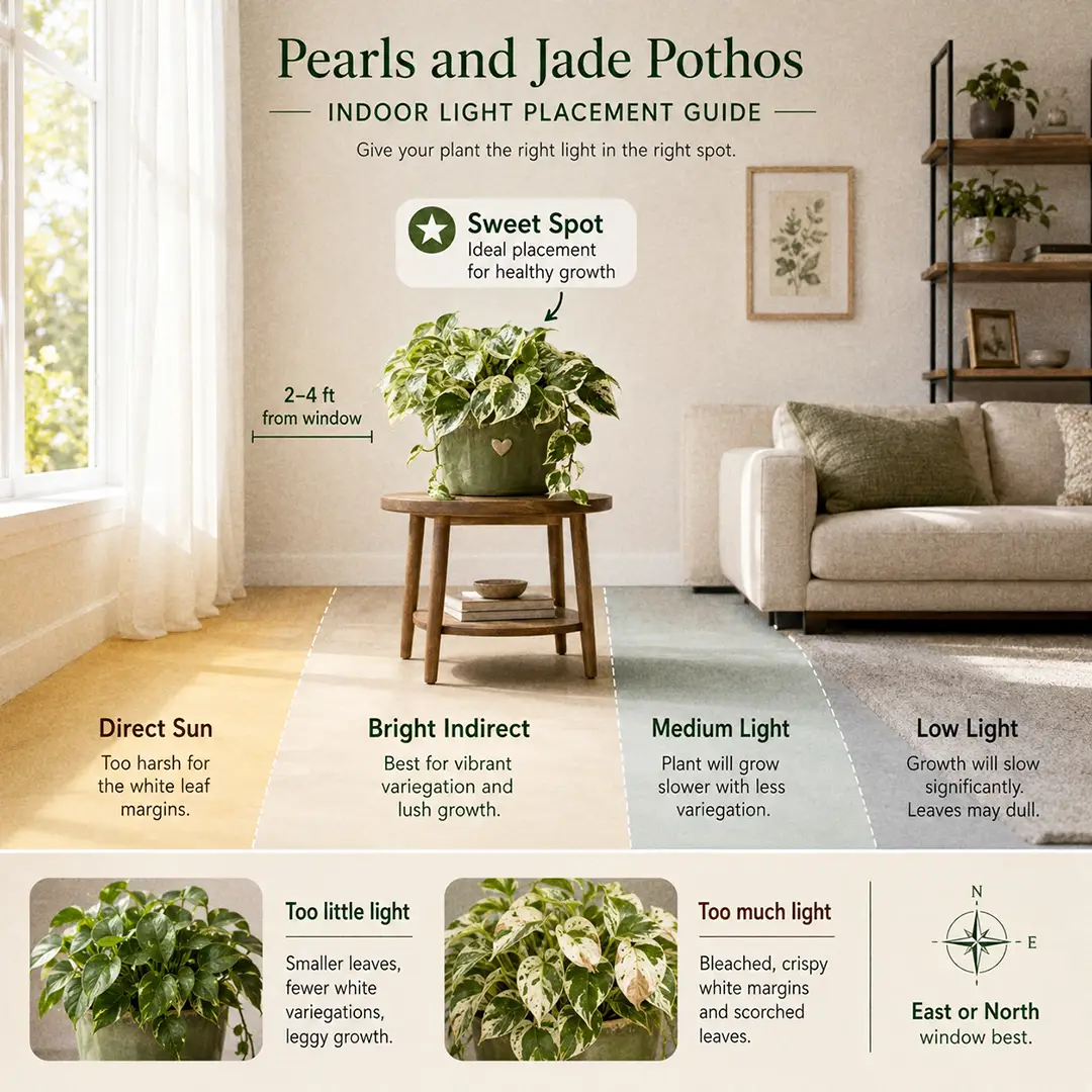 Light guide diagram showing the ideal placement for a Pearls and Jade Pothos two to four feet from a bright window with indirect light