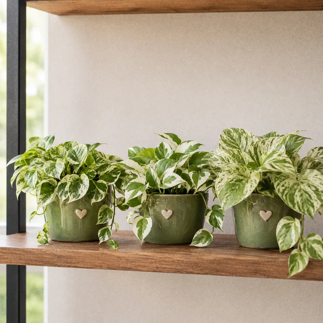 Three small variegated Pothos cultivars side by side on a wooden shelf: Pearls and Jade, N'Joy, and Marble Queen, each in matching green ceramic pots with a heart motif