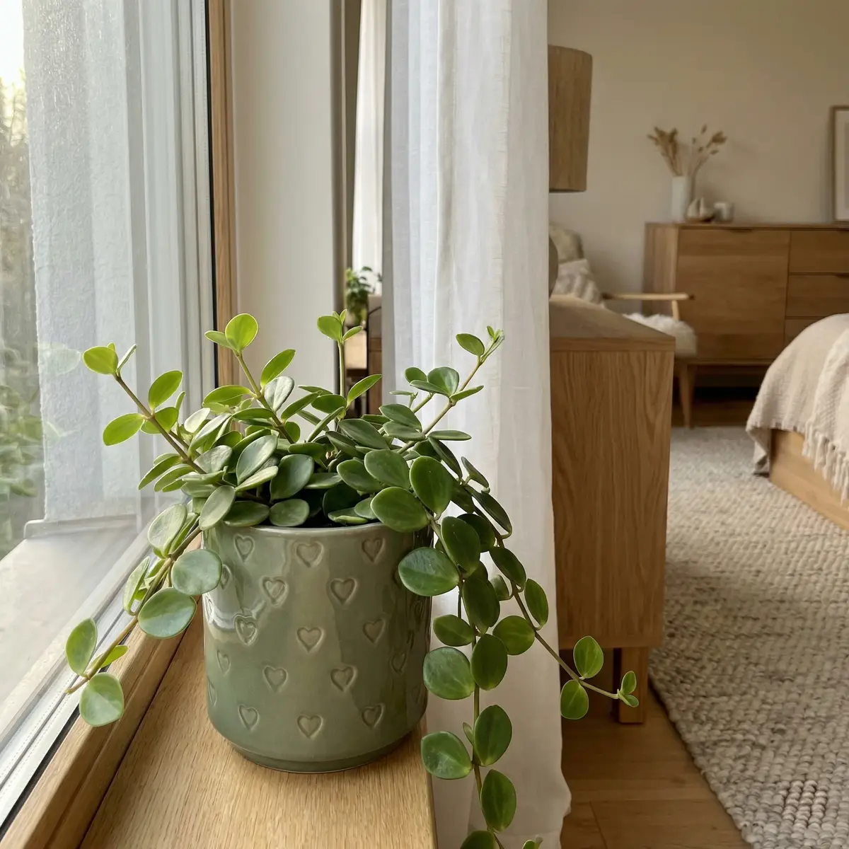 Ideal light conditions for Peperomia Hope showing the plant near a bright window with soft filtered light.