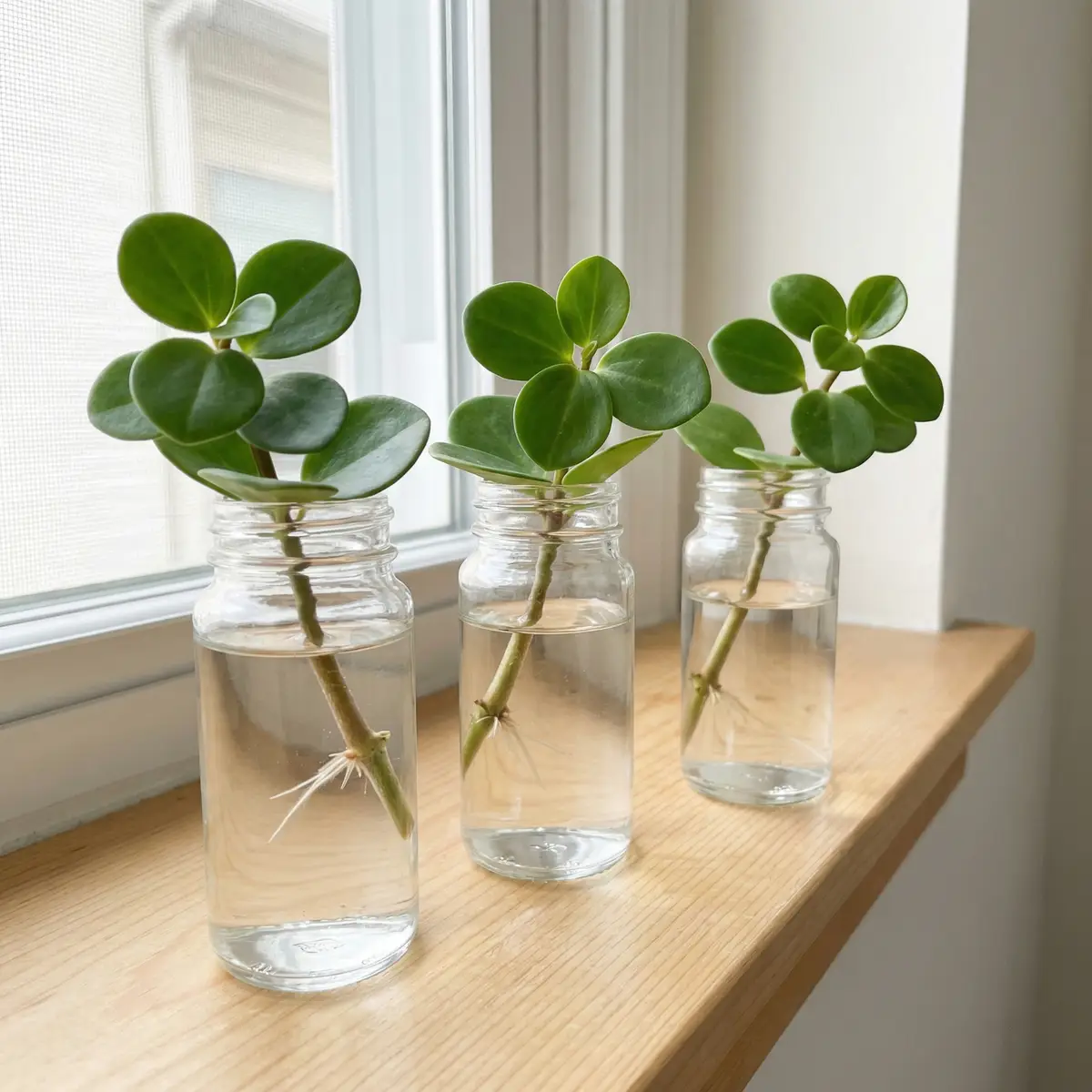Peperomia Hope stem cuttings with round leaves rooting in small glasses of water on a bright windowsill.