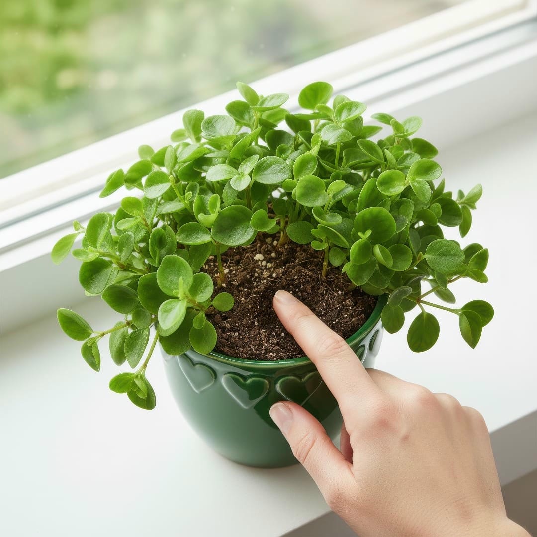 A person checking the soil of a Peperomia Orba with their finger before watering.