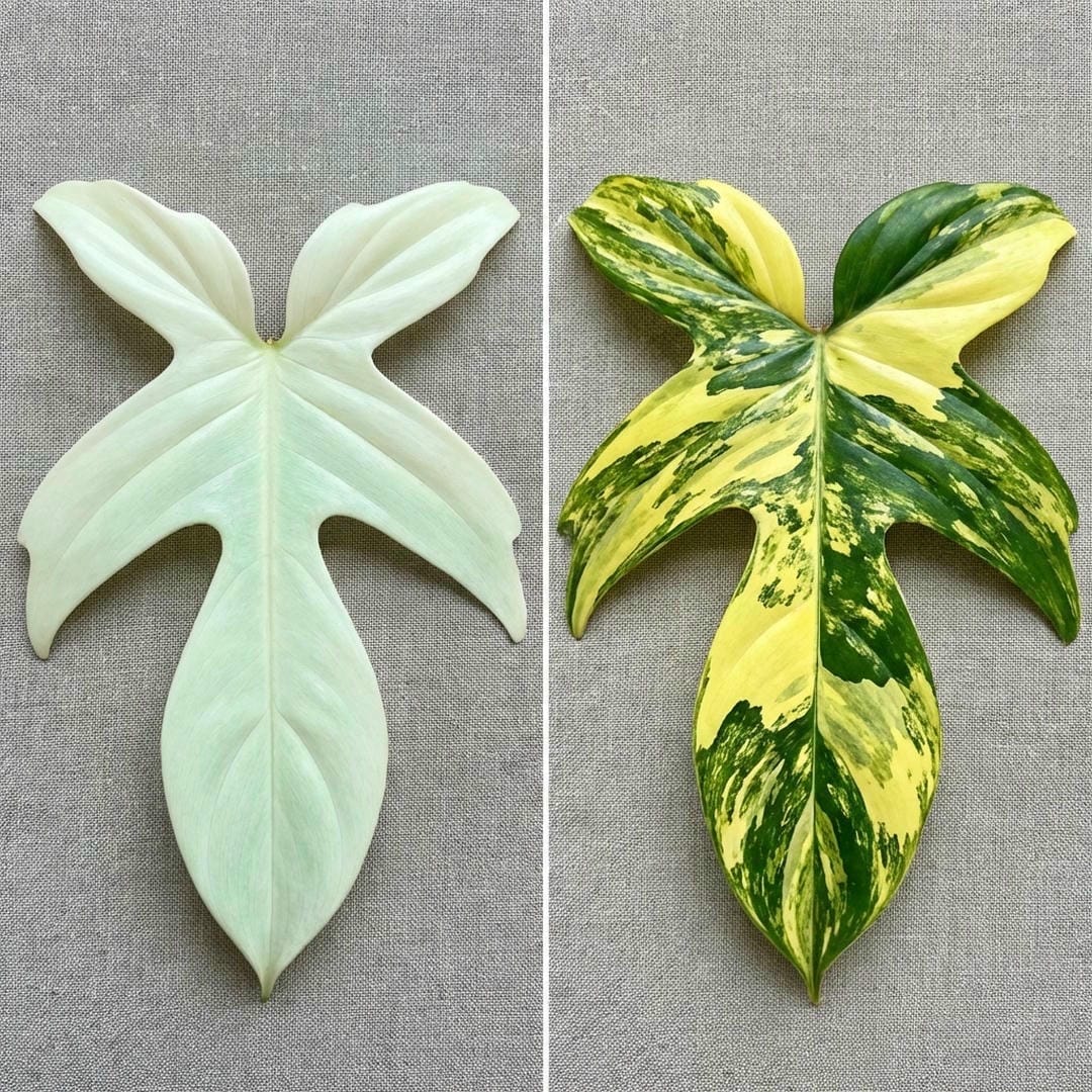 Comparison of the solid white Ghost leaf vs the patchy yellow Beauty leaf