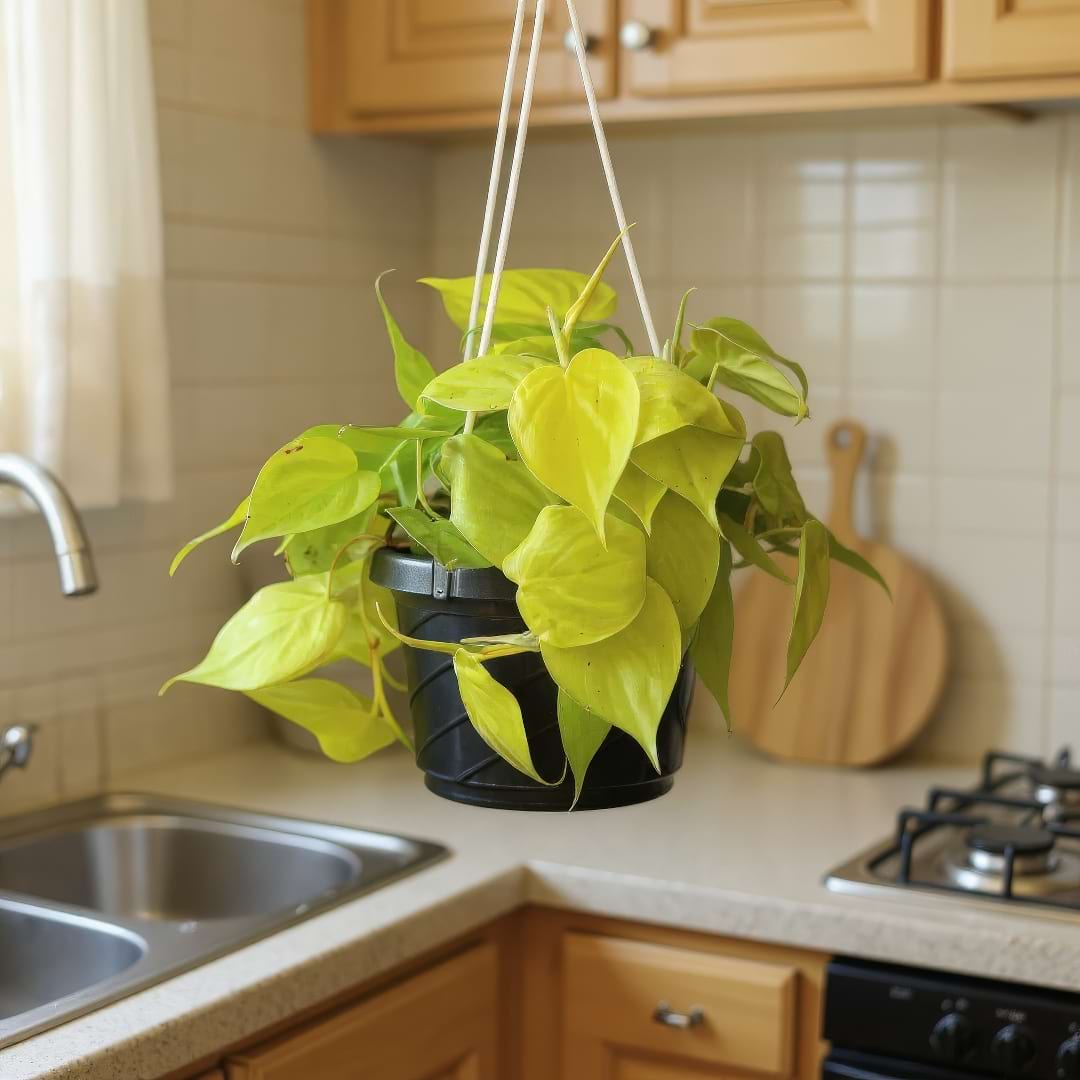 A vibrant Lemon Lime Philodendron in a black hanging pot in a kitchen.
