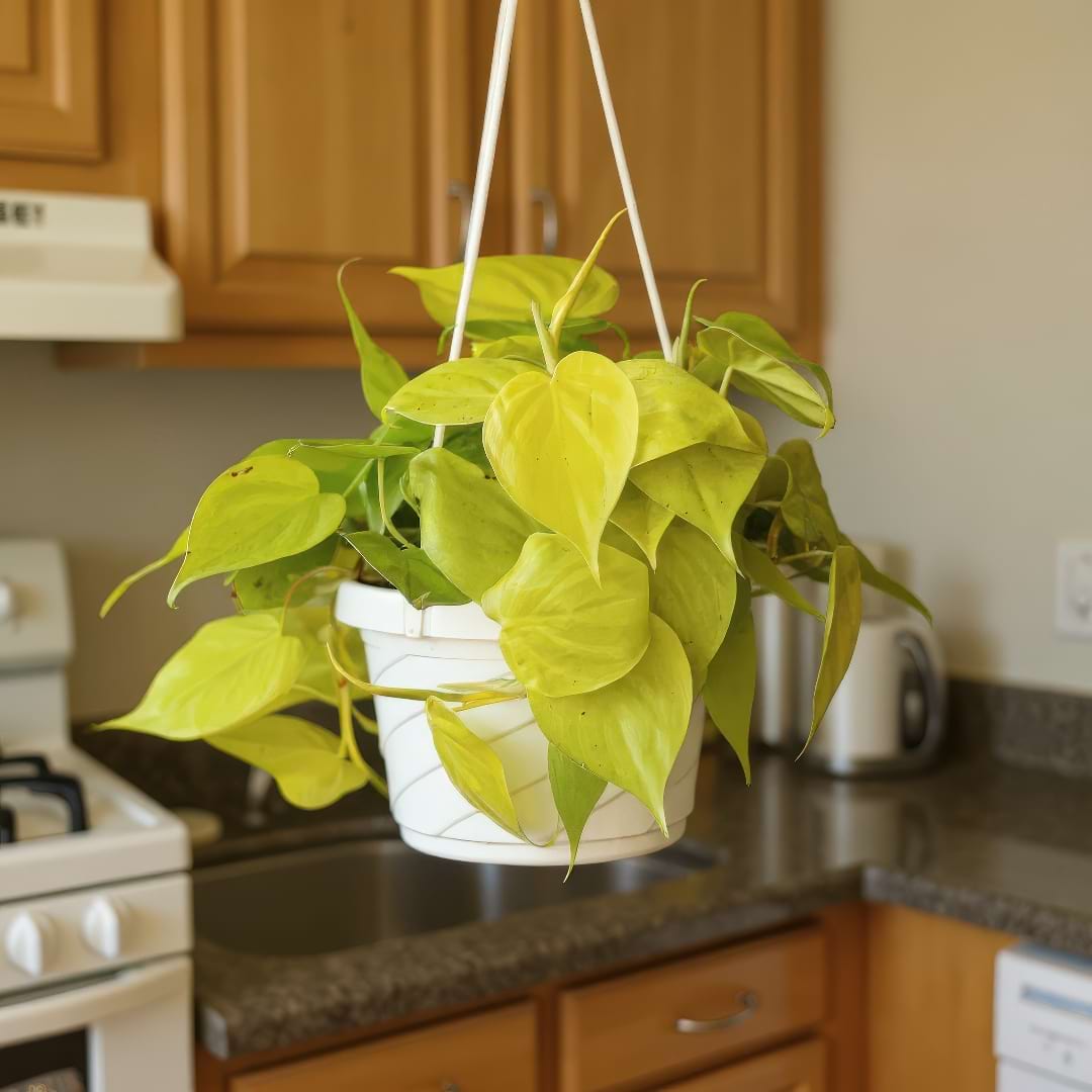 A Lemon Lime Philodendron in a white hanging basket in a home.