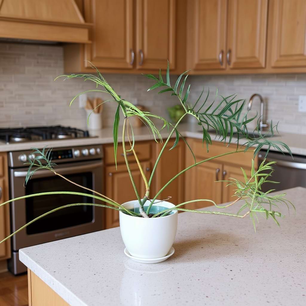 A mature Philodendron polypodioides with long, vining stems on a kitchen countertop.