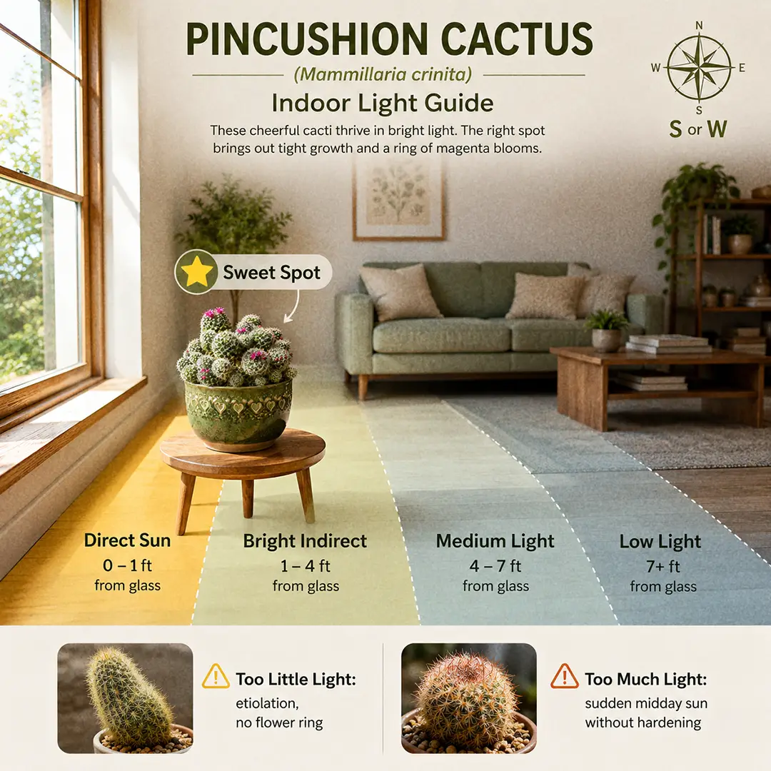 A labeled square light-zone diagram showing a Pincushion Cactus placed in the sweet spot one foot from a south-facing window, with sweet-spot, too-dark, and too-bright zones color-washed, and small icons warning about etiolation in low light and scorching in midsummer sun