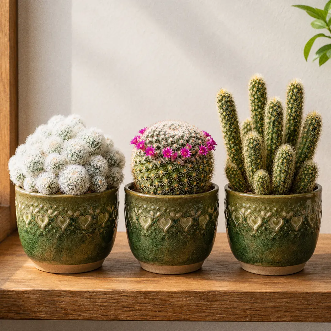 Three Pincushion Cactus species side by side on a wooden shelf, each in a matching green ceramic pot with a heart motif: a snowy-white Mammillaria plumosa on the left, a classic spiny Mammillaria crinita with a pink flower ring in the middle, and a finger-shaped clumping Mammillaria elongata on the right