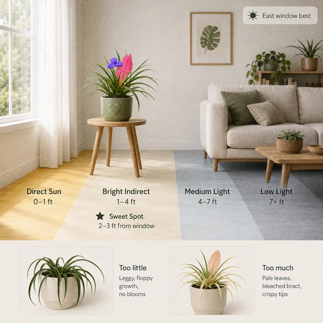 A labeled light guide diagram showing where to place a Pink Quill Plant indoors relative to an east-facing window, with direct sun, bright indirect, medium and low light zones marked and the sweet spot marked two to three feet from the glass