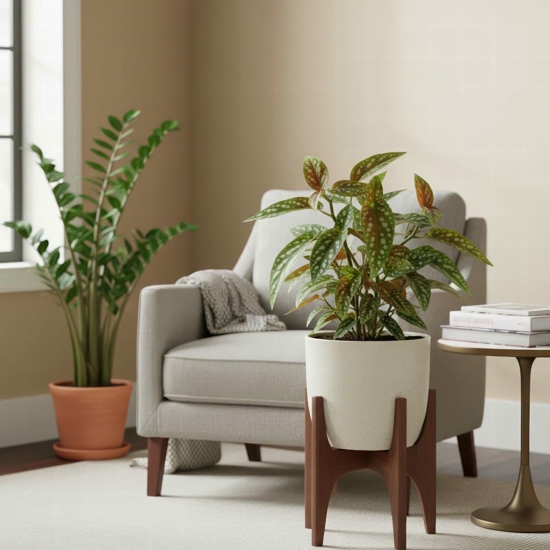 A stylish Polka Dot Begonia displayed on a modern plant stand in a well-lit living room