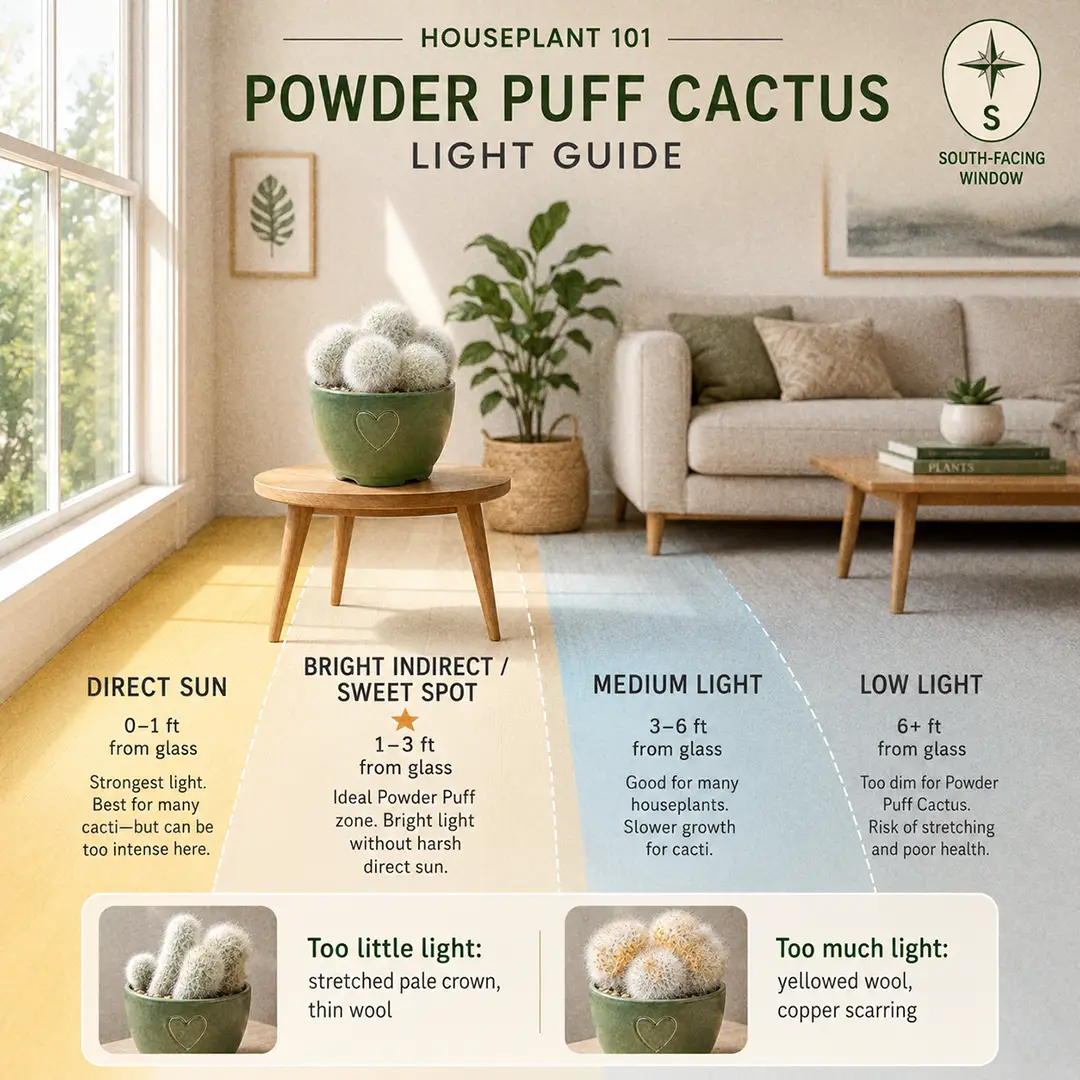 A labeled square light-zone diagram showing a Powder Puff Cactus placed in the sweet spot one foot from a south-facing window, with sweet-spot, too-dark, and too-bright zones color-washed, a small compass marking south, and tiny icons warning about etiolation in low light and copper flushing in midsummer sun