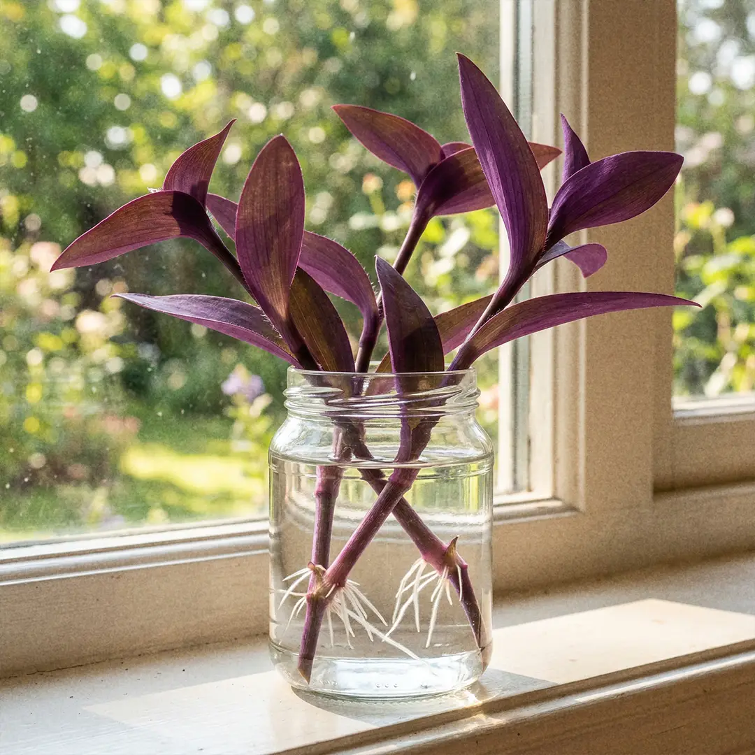 Purple Heart stem cuttings with visible nodes submerged in a clear glass jar of water, with small white roots just beginning to form, placed on a bright windowsill.
