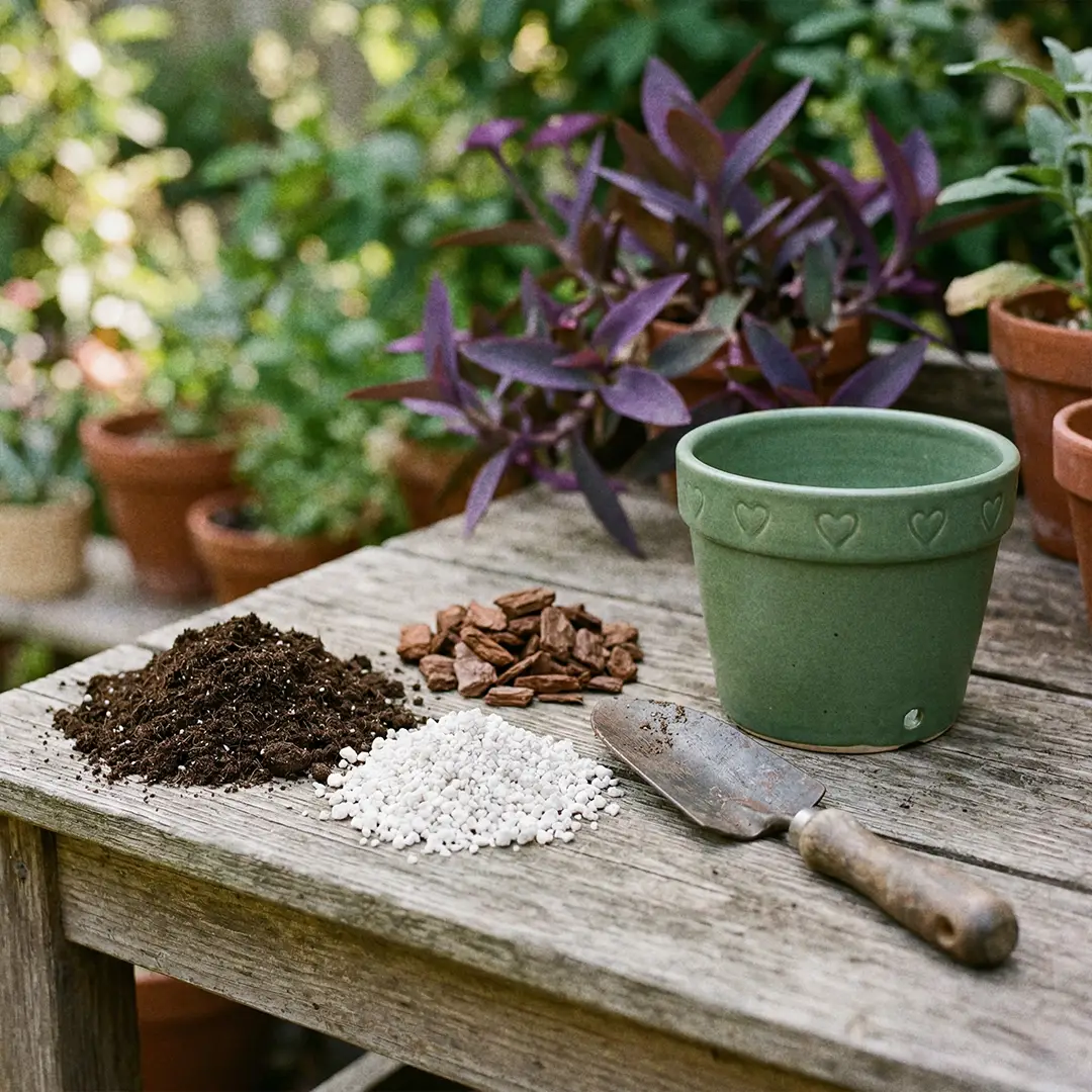 Ingredients for Purple Heart potting mix laid out beside a green pot with a heart motif, including indoor potting soil, perlite, and bark chips.