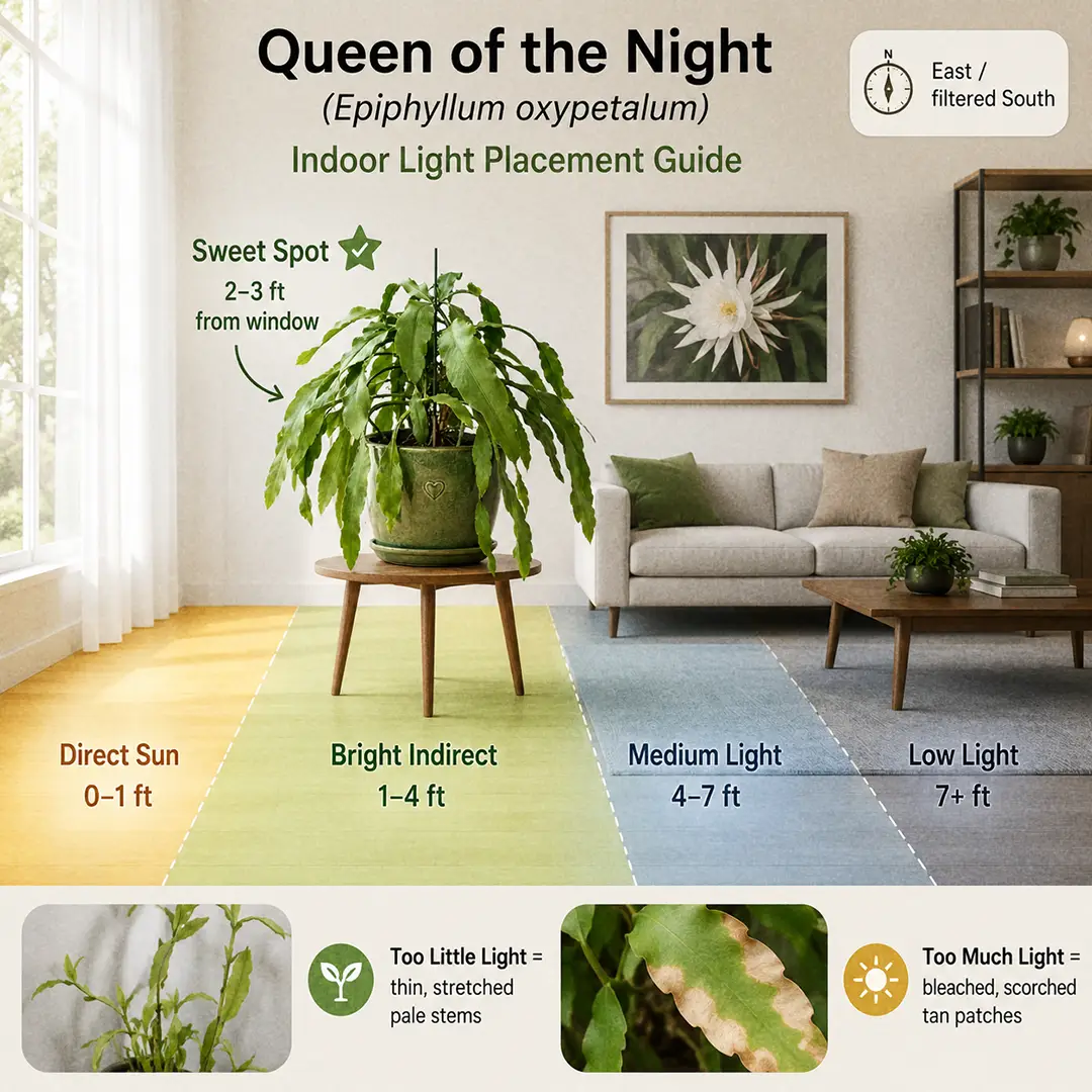 A clean infographic-style light guide diagram showing a Queen of the Night Orchid Cactus placed in the bright indirect "sweet spot" a few feet from a window, with labeled light zones