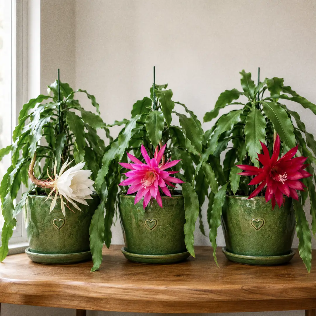 Three orchid cactus plants side by side in matching green ceramic pots with heart motifs, showing a white night-blooming Queen of the Night beside two colorful pink and red day-blooming Epiphyllum hybrids