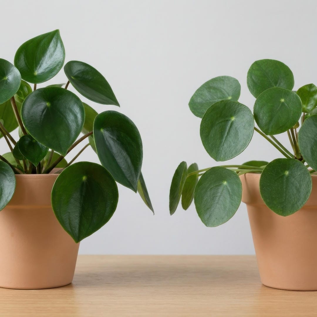 Comparison of Raindrop Peperomia and another rounded peperomia showing the pointed glossy leaf shape.
