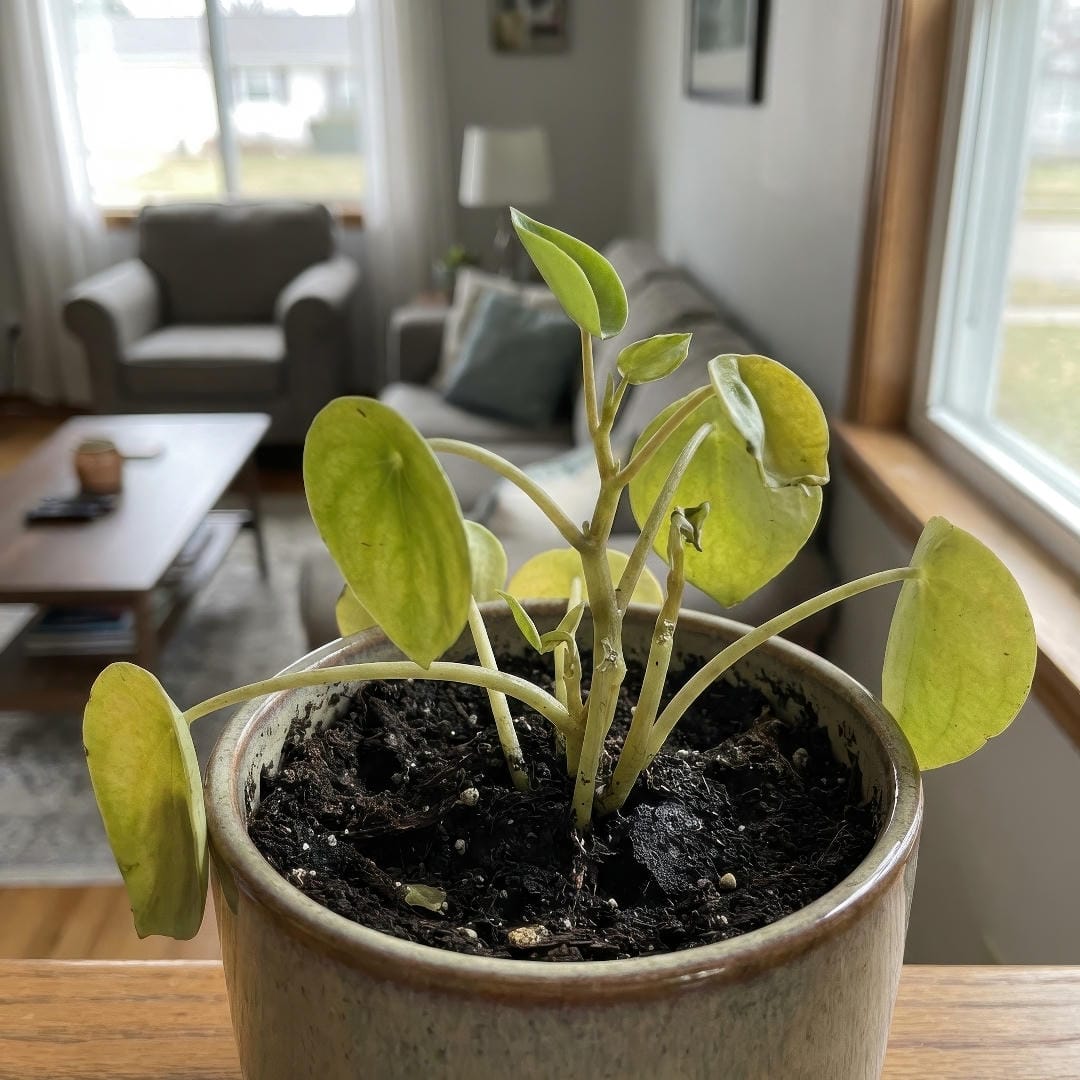 Raindrop Peperomia with yellowing leaves and soft stems from overwatering and root rot.