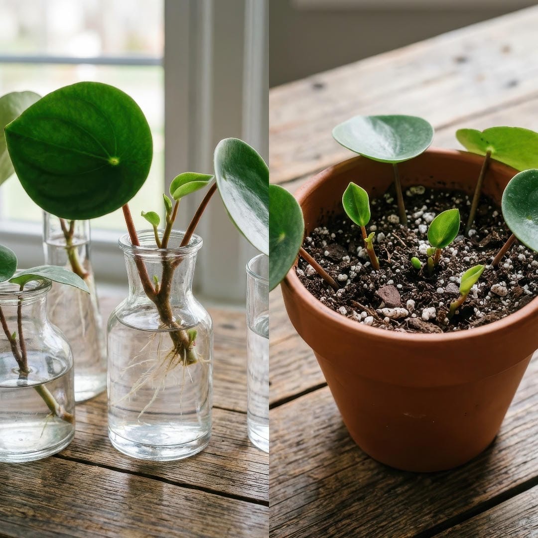 Raindrop Peperomia stem and leaf cuttings rooting in water and soil.