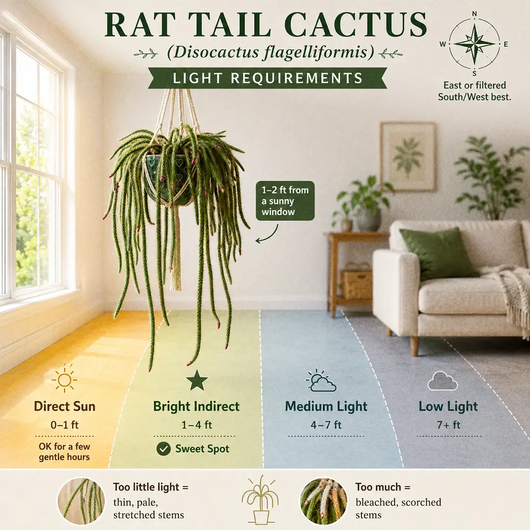 A labeled light guide diagram showing where to place a Rat Tail Cactus indoors relative to a sunny window