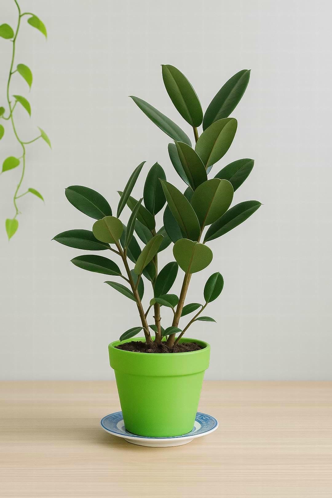 A large Ficus elastica standing as a floor plant in a bright, modern living room.