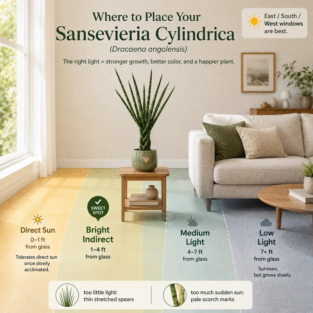 A clean infographic-style light diagram showing where to place a Sansevieria Cylindrica indoors, with labeled light zones from a window and the plant marked in its bright indirect sweet spot in a green ceramic pot with a heart motif