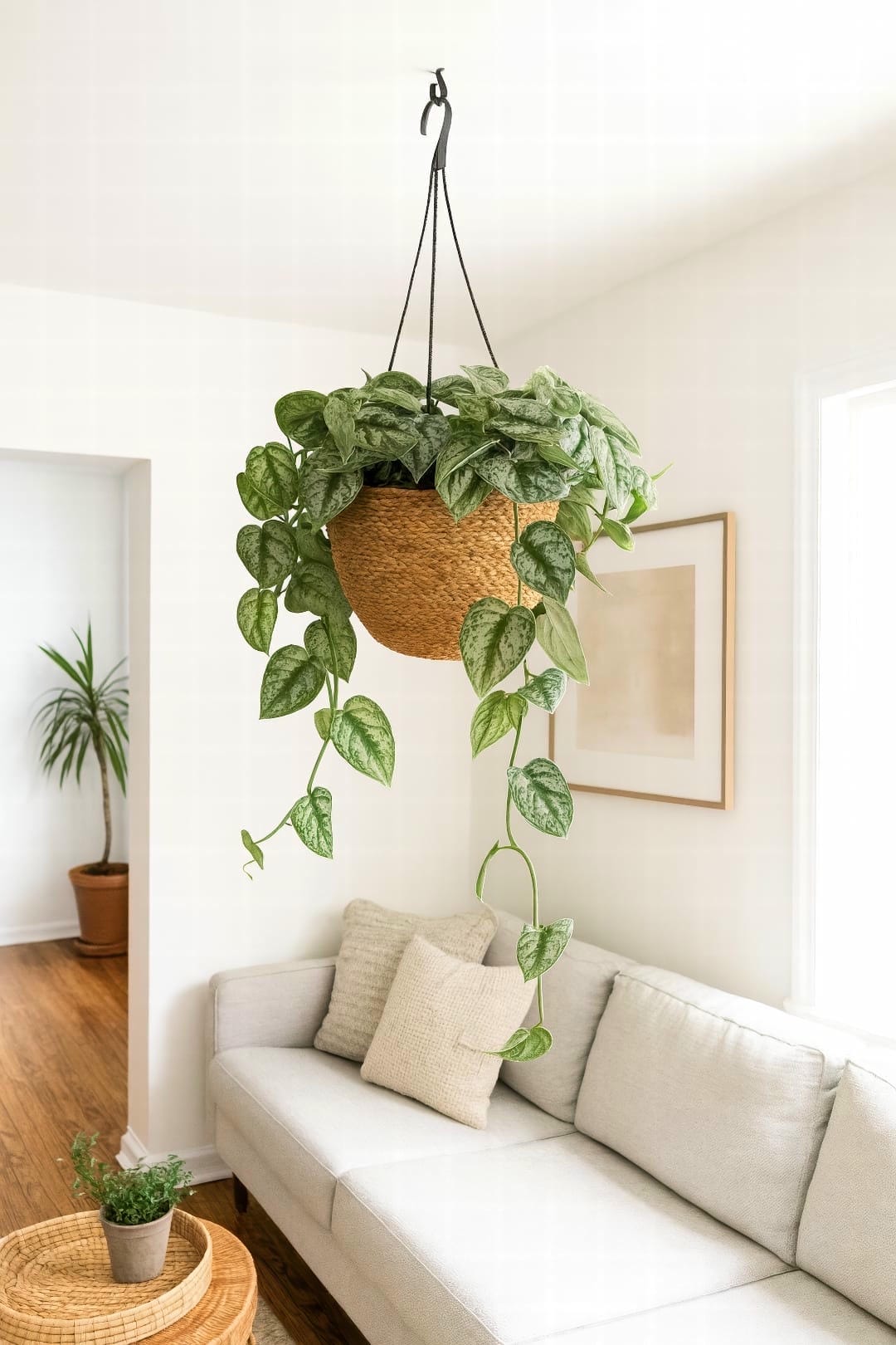 A beautiful Satin Pothos Exotica with silvery leaves trailing down from a white hanging basket