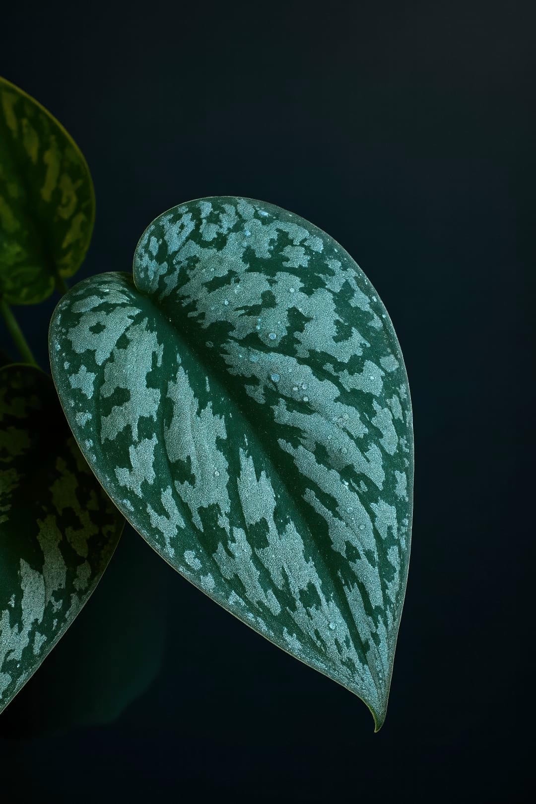 A close-up of a single heart-shaped leaf of a Scindapsus Pictus Exotica, showing its velvety texture and large silver splashes