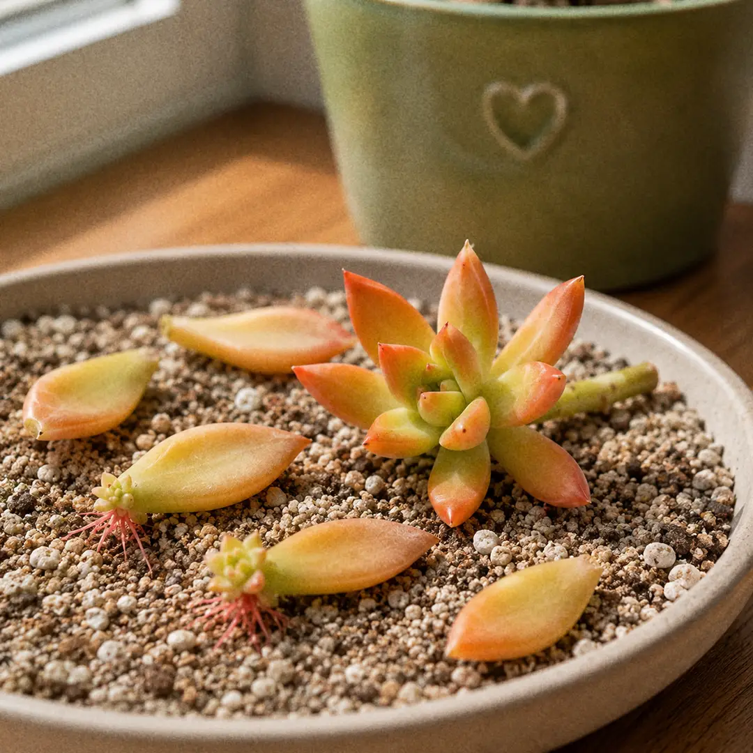 Individual Sedum adolphii leaves and a beheaded rosette cutting laid on top of dry, gritty succulent soil, with tiny pink roots emerging from the leaf bases