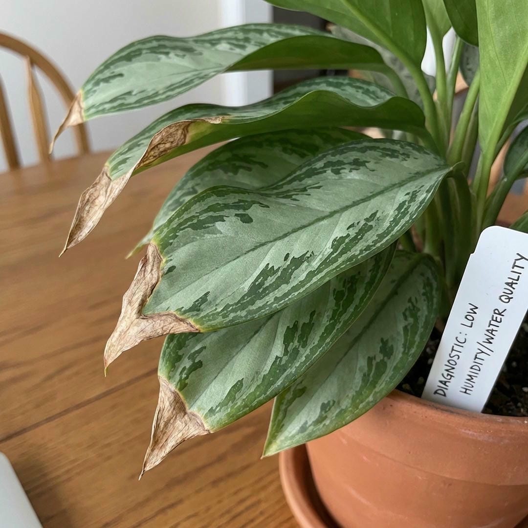 Detailed shot of brown, crispy tips on Aglaonema leaves caused by dry air.