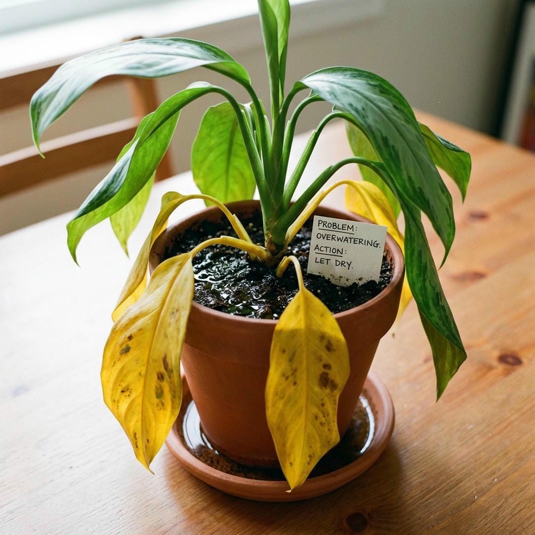 A Silver Bay Aglaonema showing yellow lower leaves, a classic sign of overwatering.
