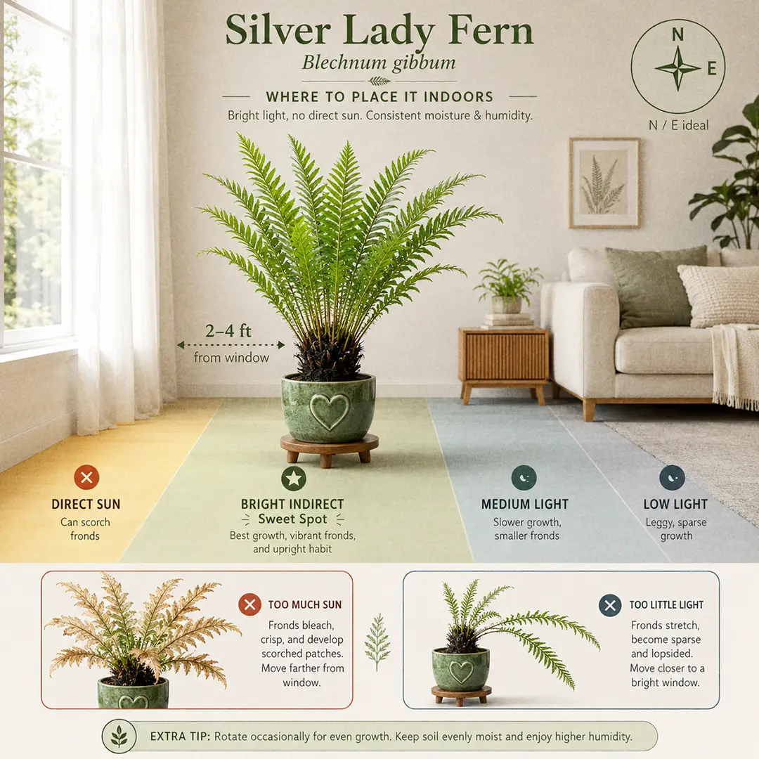 A labeled square light-zone diagram showing a Silver Lady Fern in a green ceramic pot with a heart motif standing in its sweet spot on a low wooden plinth two to four feet from a north-facing window, with color-washed floor zones marked direct sun, bright indirect, medium light and low light, a compass icon marking N and E as the ideal window directions, a sheer curtain diffusing the light, and two small thumbnails along the bottom showing pale bleached scorched fronds with dry brown patches from too much sun and a sparse lopsided rosette with long stretched frond stalks from too little