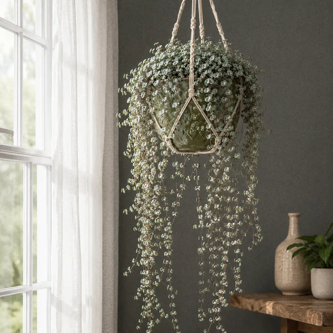 Silver Sparkle Pilea cascading from a hanging green ceramic pot with a heart motif, its silver trails spilling down against a neutral wall