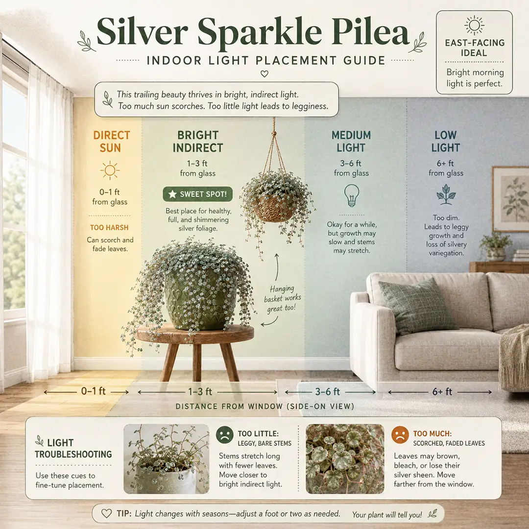 Light placement guide for Silver Sparkle Pilea showing ideal distance from an east-facing window