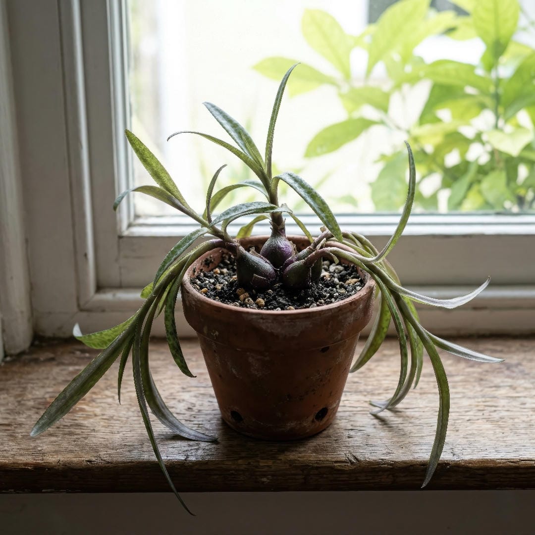 Silver Squill grown in low light showing stretched floppy leaves with weak silver pattern and an open loose clump.