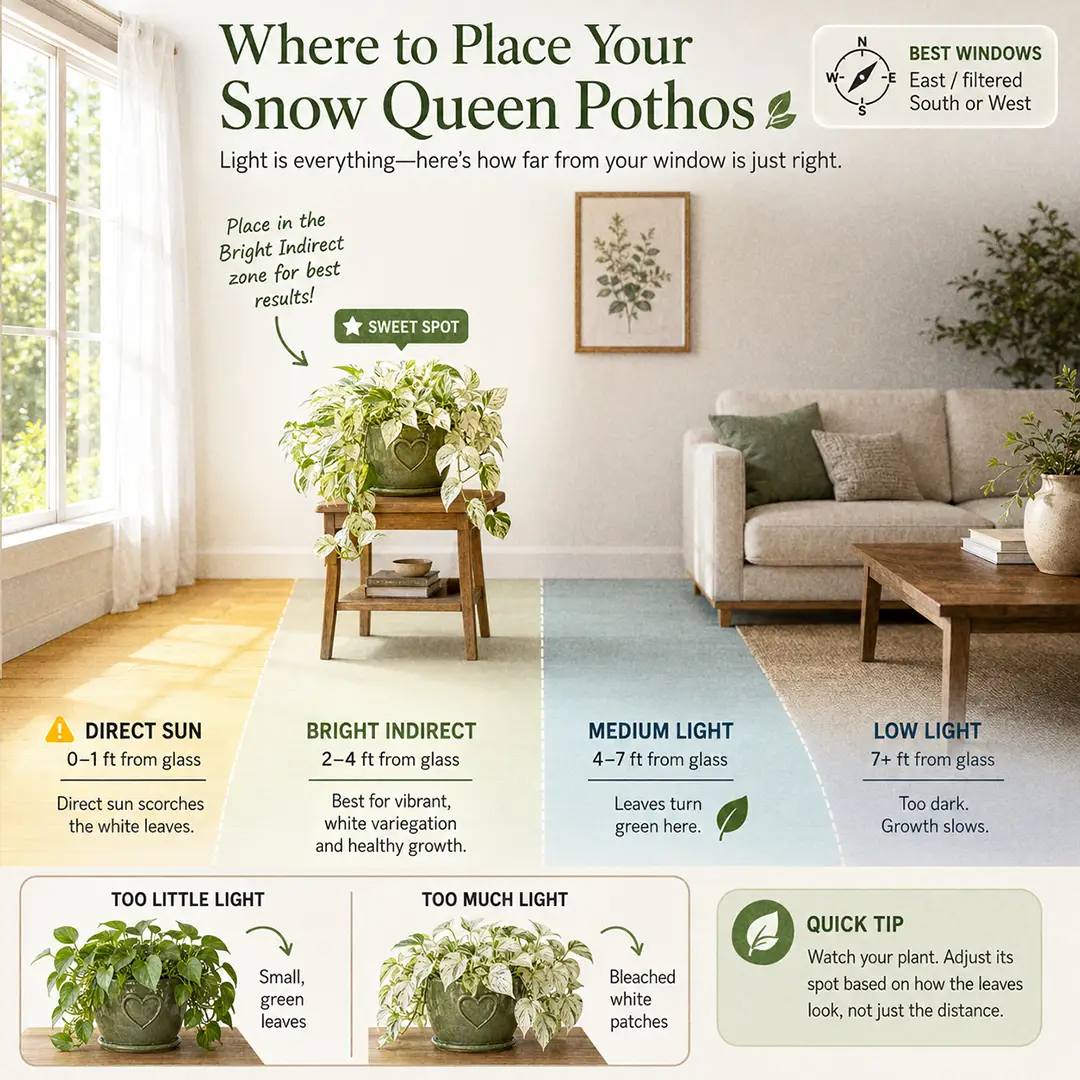 Light guide diagram showing the ideal placement for a Snow Queen Pothos near a bright window with indirect light