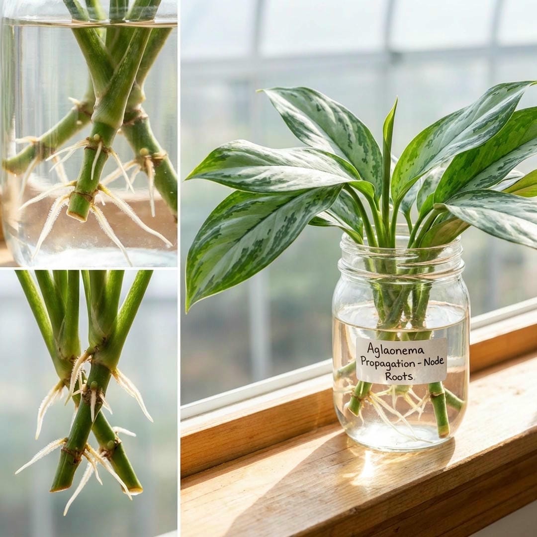 Aglaonema stem cuttings rooting in water