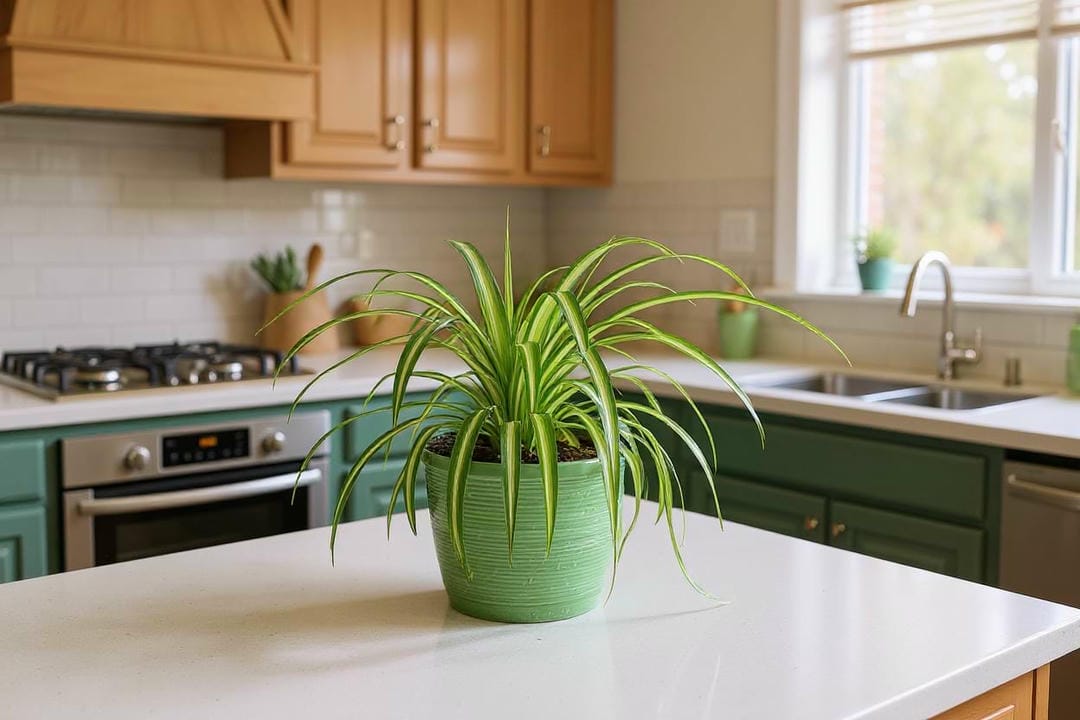 A healthy Spider Plant in a green pot sitting on a bright kitchen counter, a great location for humidity.