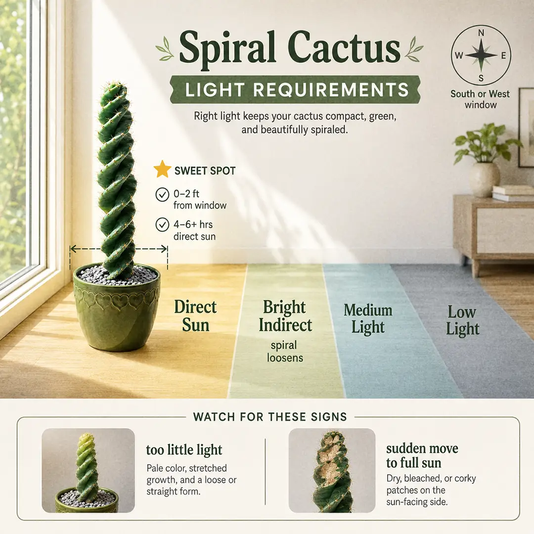 A labeled light guide diagram showing where to place a Spiral Cactus indoors relative to a south-facing window, with direct sun, bright indirect, medium and low light zones marked and the sweet spot starred right at the glass