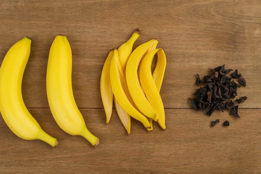 Small pieces of dried banana peels ready for plant use
