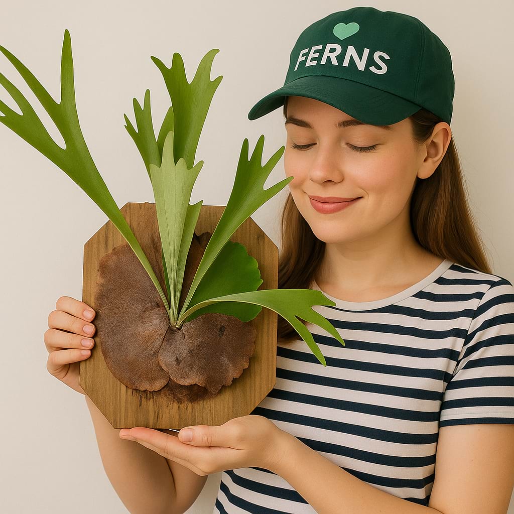 Anastasiia Holding Clean Staghorn Fern for inspection
