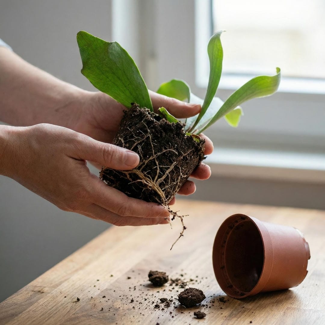 Hands holding a staghorn fern pup showing its healthy exposed root ball after removing old soil.