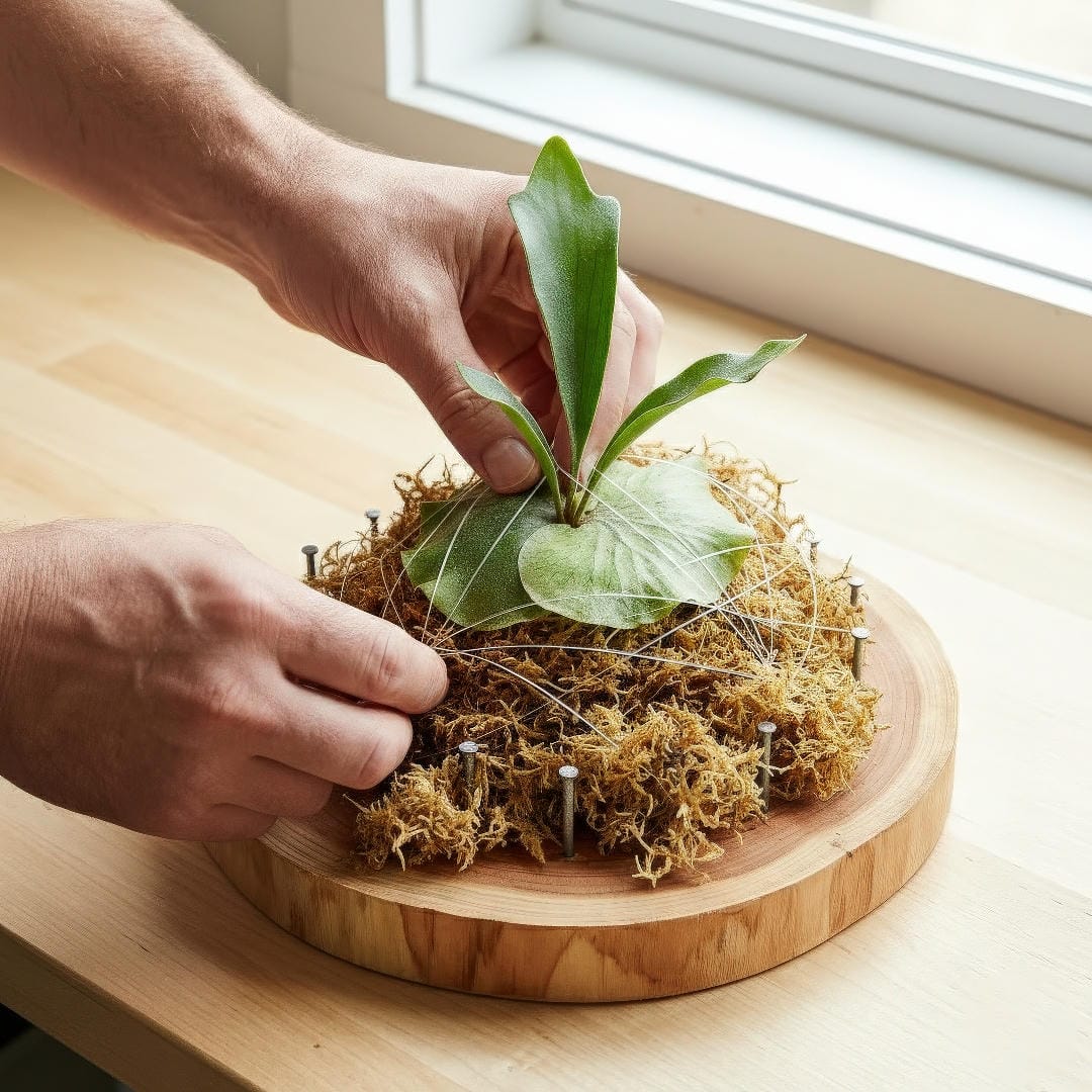 Hands wrapping clear fishing line in a crisscross pattern over sphagnum moss to secure a staghorn fern to a wood mount.