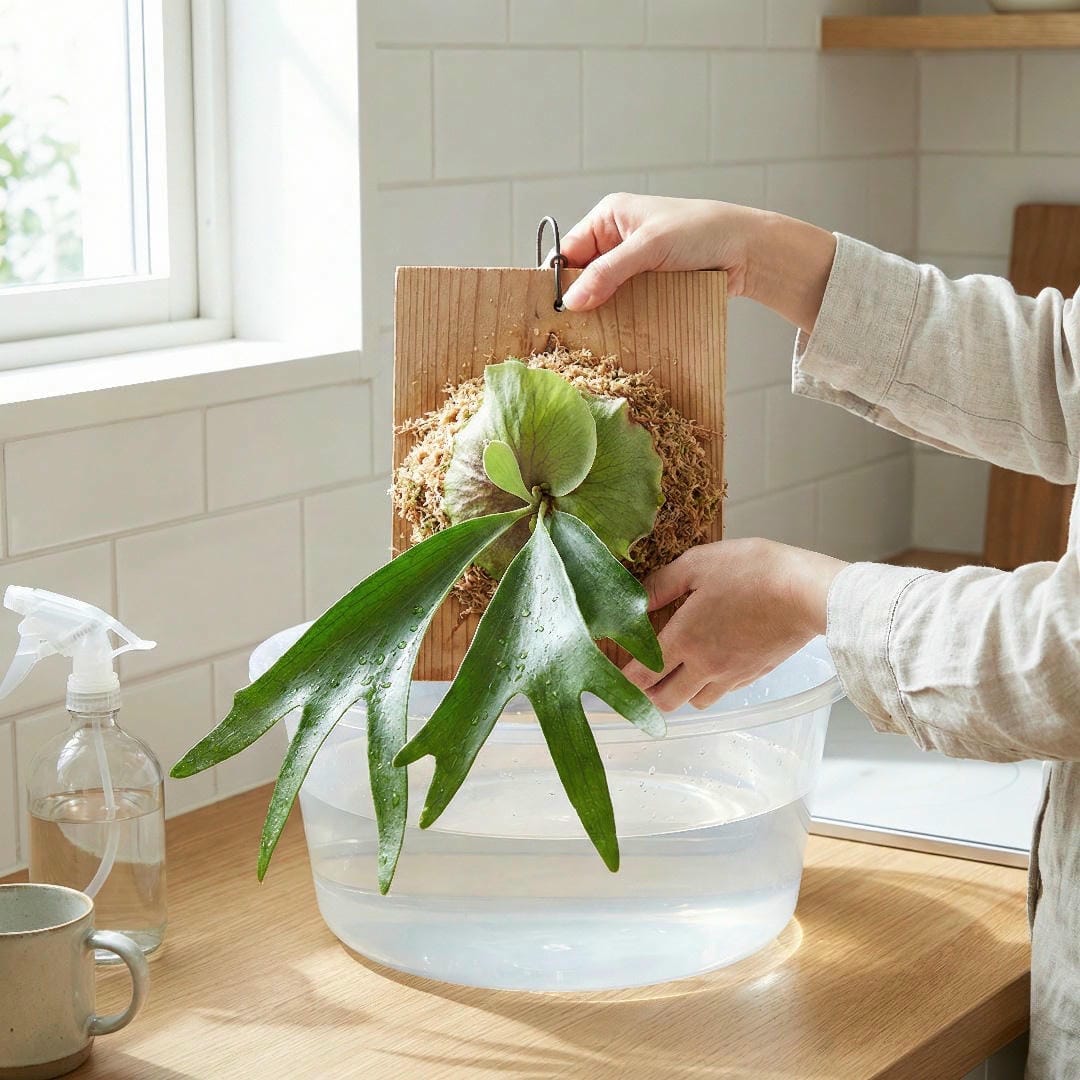 Soaking a mounted Staghorn Fern upside down in a basin of water